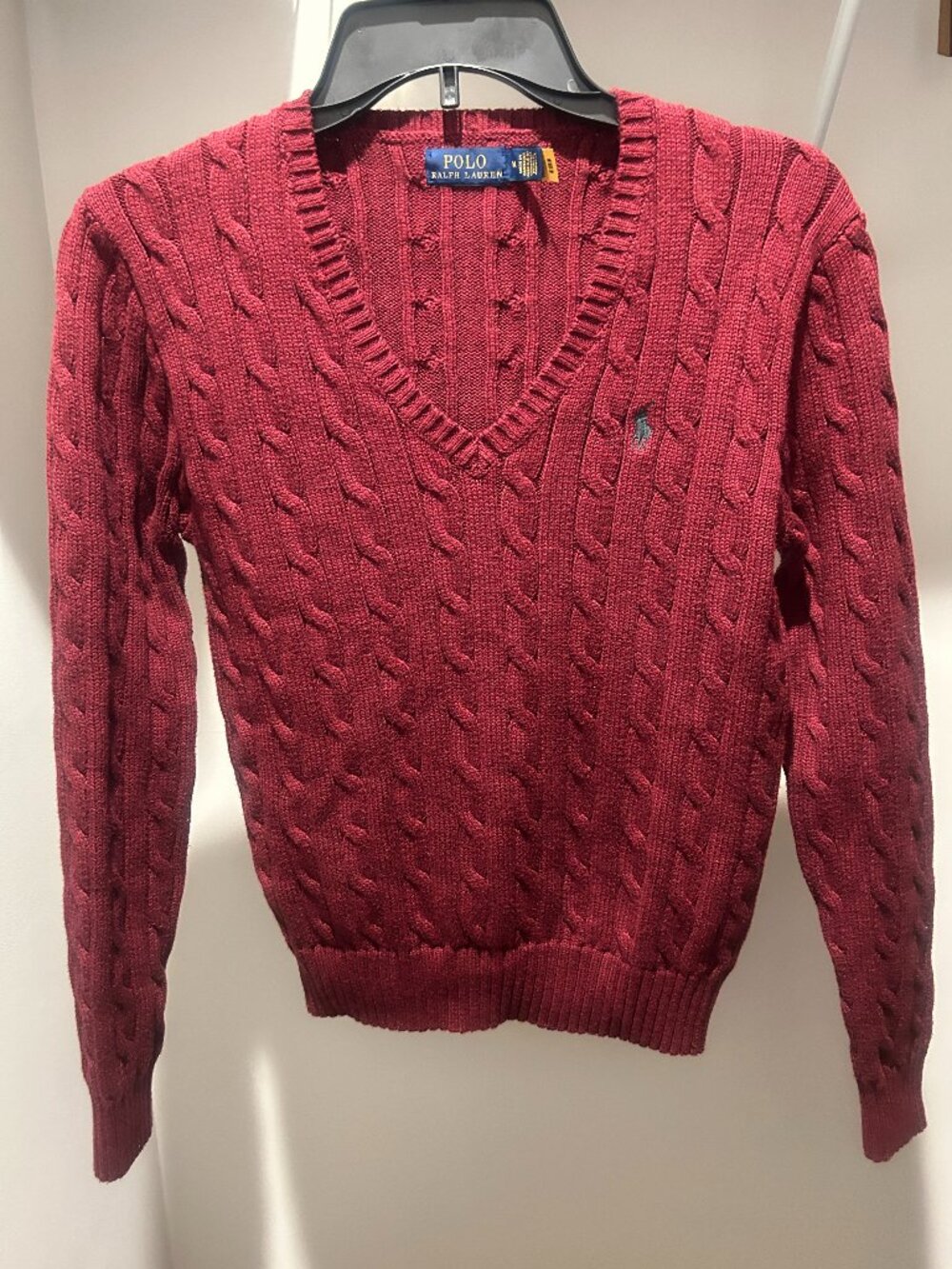 Classic Polo Ralph Lauren cable-knit sweater in a rich burgundy / wine red color